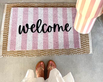 Welcome Pink Stripes Doormat, Summer Doormat, Porch Decor, Cute Doormat, Housewarming Gift, Home Decor, Entryway