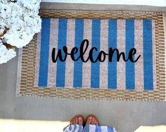 Welcome Blue Stripes Doormat, Summer Doormat, Porch Decor, Cute Doormat, Housewarming Gift, Home Decor, Entryway