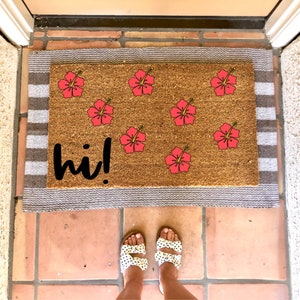 Hi Hibiscus doormat, summer doormat, cute doormat, funny doormat, spring doormat, Welcome Mat, Home Decor, Entryway, Porch Decor