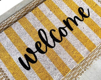 Welcome Butter Yellow Stripes Doormat, Summer Doormat, Porch Decor, Cute Doormat, Housewarming Gift, Home Decor, Entryway