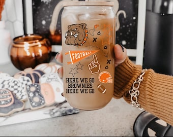 Cleveland football fan beer can glass, Here we go brownies, cute beer can glass, football glass, cleveland browns inspired