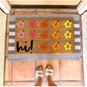 Hi Colorful Hibiscus doormat, summer doormat, cute doormat, funny doormat, spring doormat, Welcome Mat, Home Decor, Entryway, Porch Decor