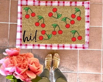 Hi cherry doormat, valentines day, cute doormat, welcome mat, heart doormat, love doormat, home decor, Entryway, Outdoor rug