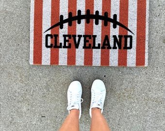 Cleveland Football Coir Doormat: Orange and White Striped