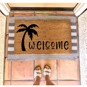 Welcome palm tree doormat, summer doormat, cute doormat, beach doormat Funny Doormat, cute doormat, Home Decor, doormats, welcome mat