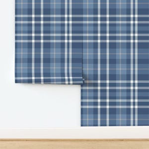 May include: Blue and white plaid wallpaper with a subtle gray stripe. The wallpaper is rolled up and partially unrolled, showing the pattern.