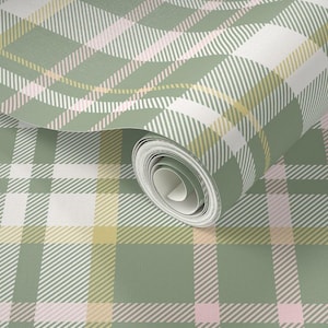 Modern Light Sage Green and Pink Plaid Check for Baby Girl&#39;s Nursery Room Wallpaper Accent Wall