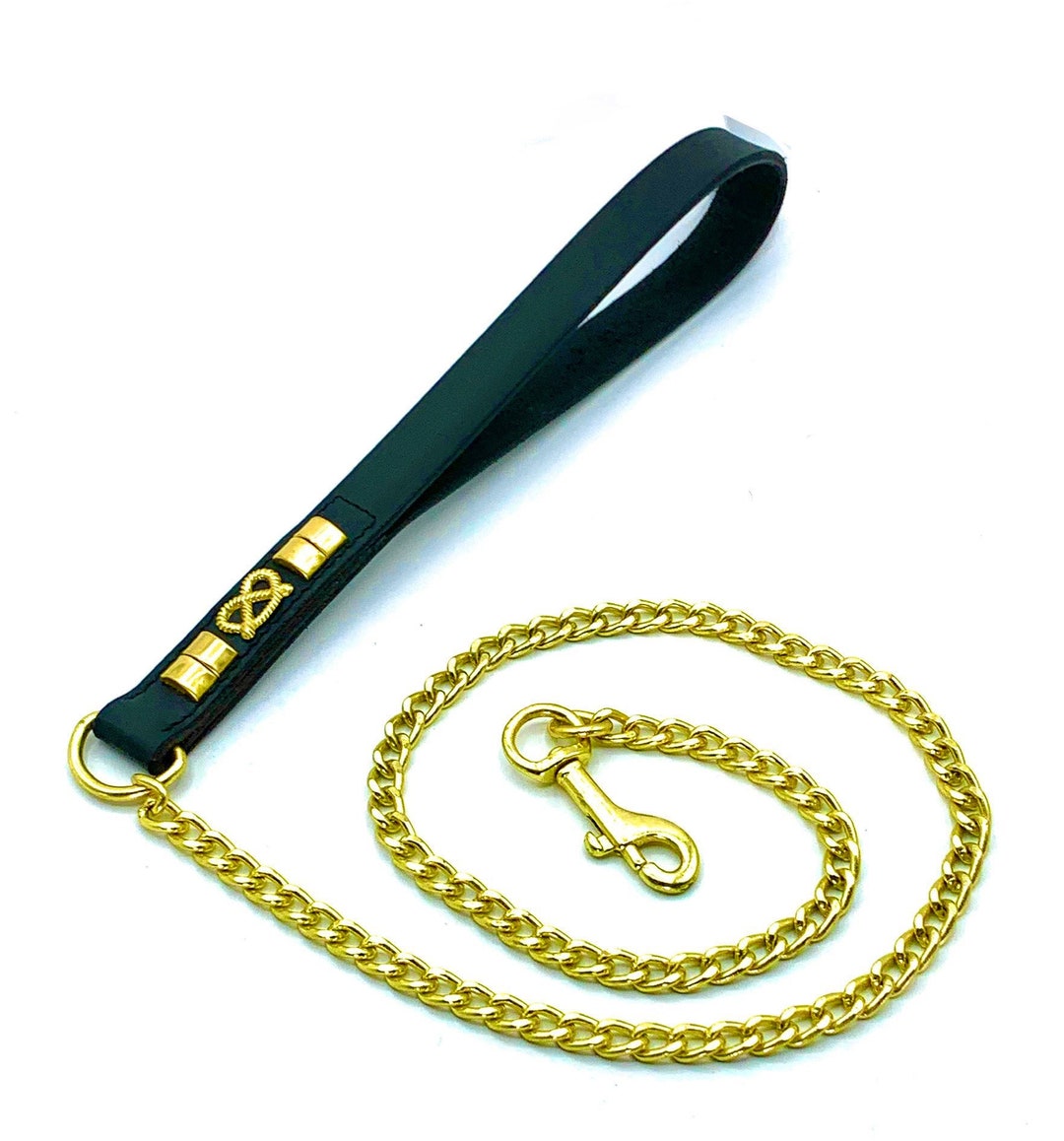 Gold Chain Lead Dog Chain Leash With Studded Leather Handle Heavy Duty