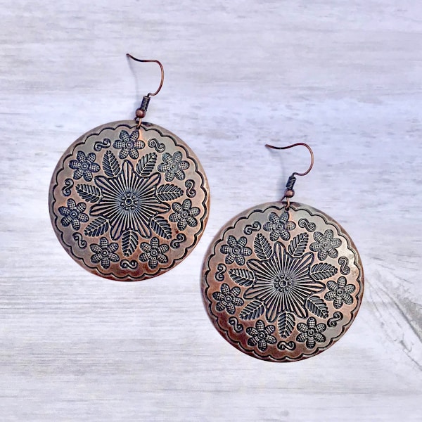 Oil rubbed bronze disc earrings • Medallion earrings • Stamped metal earrings • Antique bronze earrings