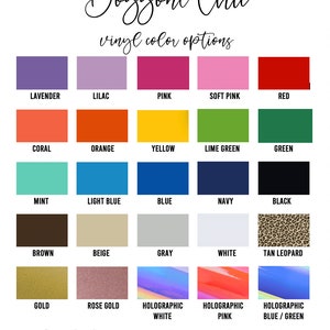 May include: A chart displaying 20 vinyl colour options for crafting projects. The colours include lavender, lilac, pink, soft pink, red, coral, orange, yellow, lime green, green, mint, light blue, blue, navy, black, brown, beige, grey, white, tan leopard, gold, rose gold, holographic white, holographic pink, and holographic blue/green. The text "Doggone Chic vinyl colour options" is at the top of the chart. The text "Actual colour may vary due to monitor settings" is at the bottom of the chart.