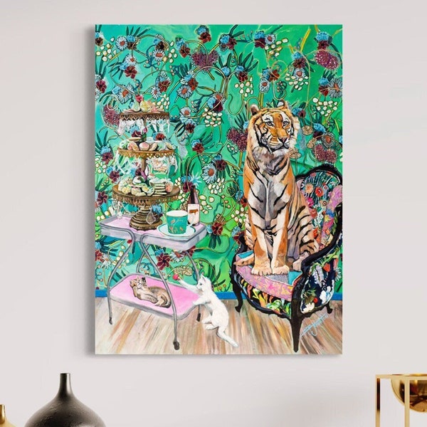 Tiger Tea Party Canvas Print | Colorful Wall Art | Large Cat Painting | Patterned Picture | Kittens Snacks and Flowers Decor