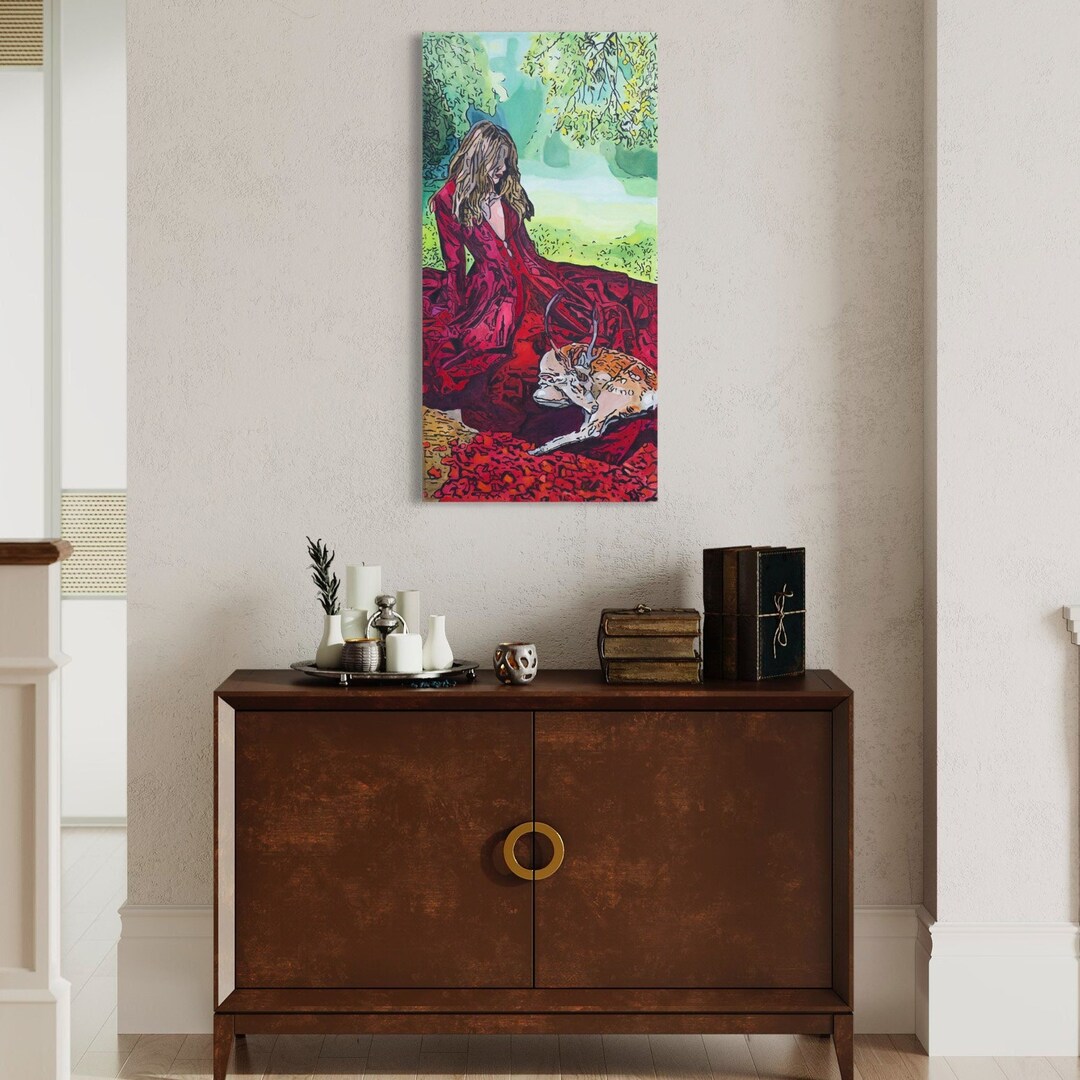 Beautiful Woman in Red Dress Canvas Print Serene Wall Art Calm Forest