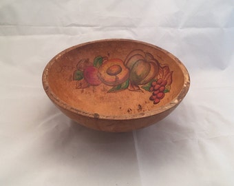 Vintage - Wood Serving Bowl - Hand Painted Grapes Peach & Fruit - Handmade in the Primitive Style - Thanksgiving - Farmhouse Kitchen Decor