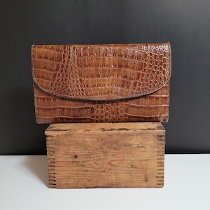 Vintage Brown 1960s Mid Century Leather Envelope Clutch Purse with Detachable Strap