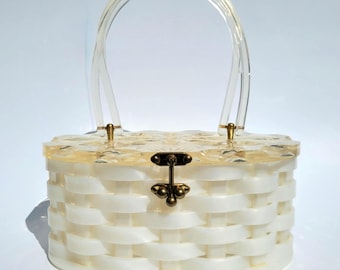 Vintage Pearlized White Pearl Woven Basketweave Oval Lucite Basket Box Purse Handbag with Clear Crystal-Cut Lid and Handle 1940s 1950s