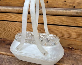 Vintage 1950s Original Rialto NY Carved White Pearl Marble Lucite Purse with Clear Cut Engraved Lid and Curved Lucite Handle Oval Shape