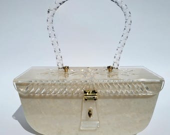 Vintage Patricia of Miami Clear Pearlized Lucite Box Purse Handbag w/ Sculpted Handle & Double Carved Floral Crystal Cut Envelope Lid 1950s