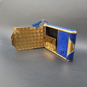 1950s Vintage Blue Suede Camera Compact Carryall Minaudiere w/ Brass Trim Powder, Lipstick, Cigarette Case Dance Clutch Purse Wristlet Strap