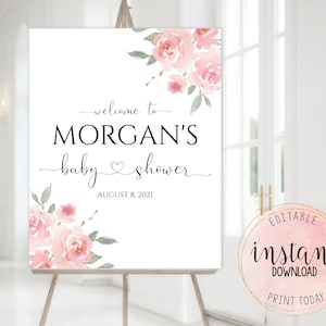 Baby Shower Welcome Editable Sign, Personalized Pink Floral Welcome Sign, Custom Baby Girl Pink Shower Welcome Sign, Instant Download