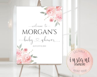 Baby Shower Welcome Editable Sign, Personalized Pink Floral Welcome Sign, Custom Baby Girl Pink Shower Welcome Sign, Instant Download