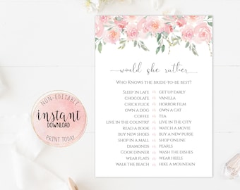 Bridal Shower Would She Rather Printable Game, Pink Floral Bridal Shower Game, Would You Rather Bridal Shower Game Instant Download