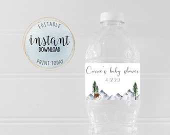 Baby Shower Water Bottle Labels, Editable Baby Boy Shower, Blue Adventure Mountains Nature Blue Water Bottle Labels, Forest Instant Download