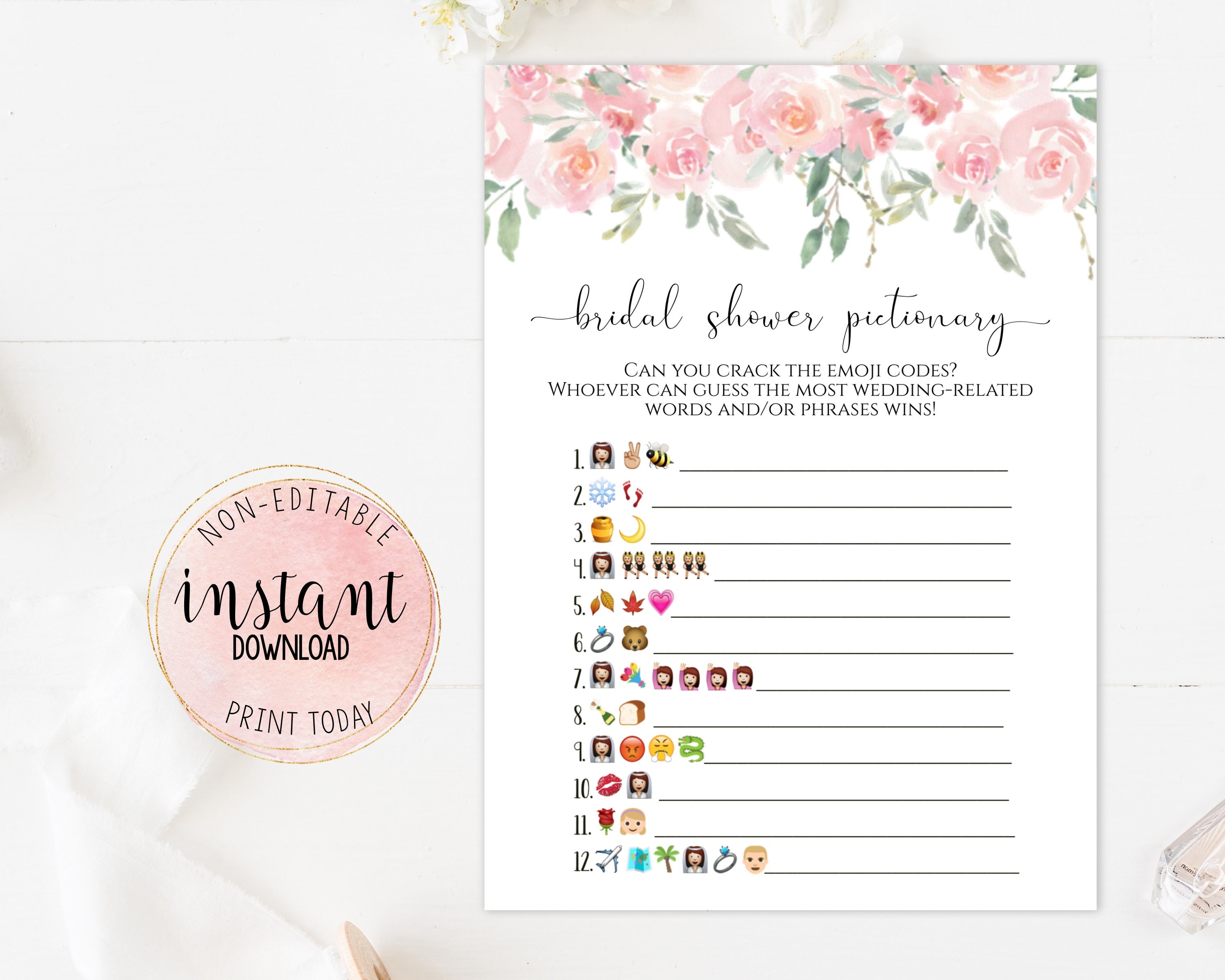 Bridal Shower Emoji Pictionary Printable Game, Pink Floral Bridal Shower Emoji Pictionary, Wedding Emoji Pictionary Bridal Shower Game