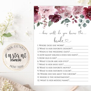 Brautparty Wie gut kennst du die Braut Spiel, druckbare Burgund Blush Brautparty Spiel, Aquarell Duschspiel, Instant Download