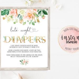 Late Night Diaper Duty Sign, Baby Shower Decoration, Diaper Duty Table Sign, Baby Girl Shower Sign, Pink Gold Baby Shower, Instant Download