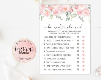 Bridal Shower He Said She Said Game, Printable Pink Floral Bridal Shower Game, He said She Said Game, Groom, Bride, Instant Download