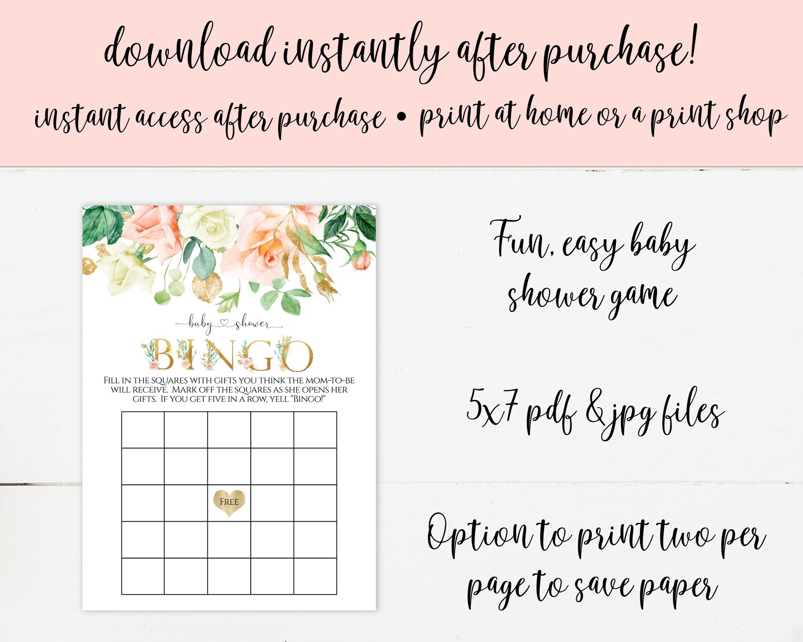 Printable Baby Shower Bingo Game, Pink and Gold Floral Baby Shower Game ...