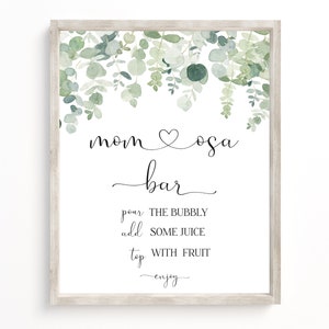 Mom-osa Bar Set, Stampabile Eucalyptus Momosa Bar Sign, Juice Tag Fruit Tent Cards, Baby Shower Mimosa Bar Bundle, Download istantaneo modificabile