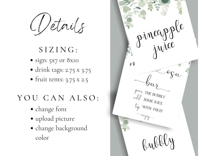 Mom-osa Bar Set, Printable Eucalyptus Momosa Bar Sign, Juice Tags Fruit Tent Cards, Baby Shower Mimosa Bar Bundle, Editable Instant Download image 5