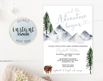 And the Adventure Begins Baby Shower Invitation, Editable Baby Boy Shower Invitation, Blue, Nature Baby Shower Invitation, Instant Download