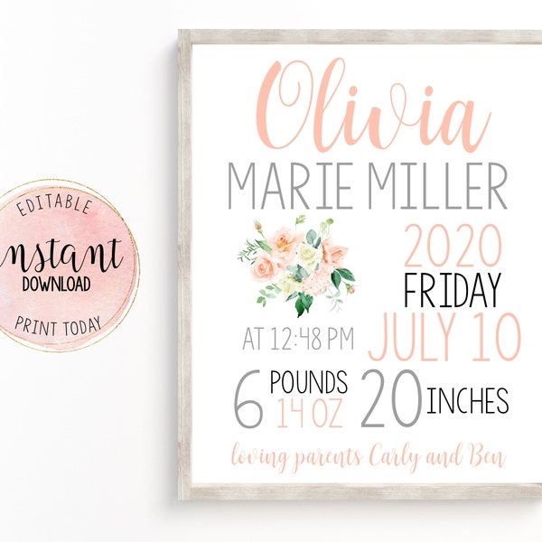 Newborn Birth Information Sign, Newborn Announcement Sign, Editable Newborn Stat Board, Pink & Gold Floral Nursery Decor, Instant Download