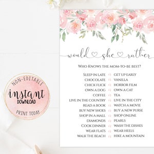 Baby Shower Would She Rather Game, Printable Pink Floral Baby Shower Game, Baby Girl Shower Game, Mom to Be Game, Instant Download