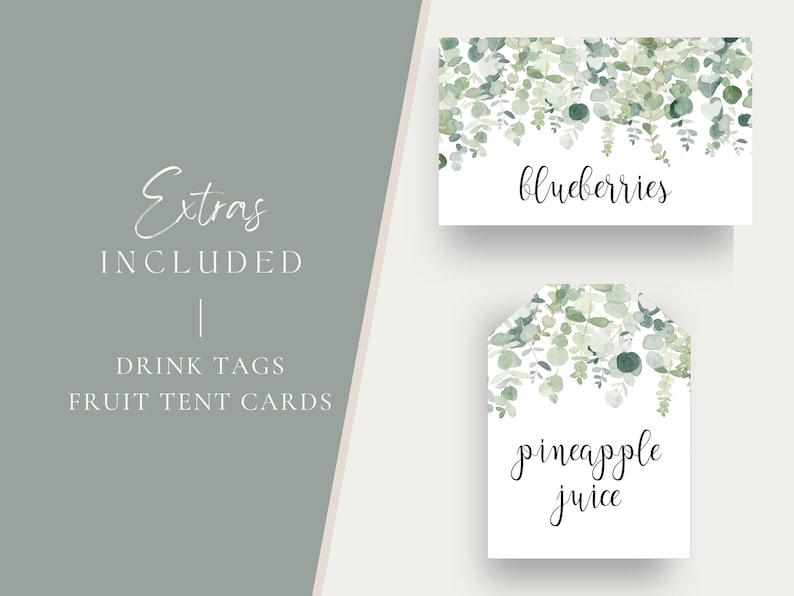 Mom-osa Bar Set, Printable Eucalyptus Momosa Bar Sign, Juice Tags Fruit Tent Cards, Baby Shower Mimosa Bar Bundle, Editable Instant Download image 3