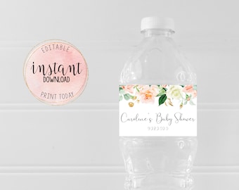 Editable Baby Shower Water Bottle Labels, Wedding, Bridal or Baby Shower, Birthday, Pink and Gold Floral Bottle Labels, Instant Download