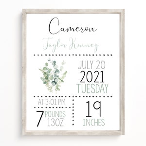 Newborn Birth Information Sign, Eucalyptus Editable Newborn Announcement Sign, Baby Stat Board, Eucalyptus Nursery Decor, Instant Download