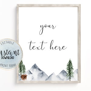 Abenteuer Schild, bearbeitbares Druckbares Schild, Baby Junge Shower Schild, Bergschild, Natur, Wald, Wildnis, Bär, Blau Sofort Download