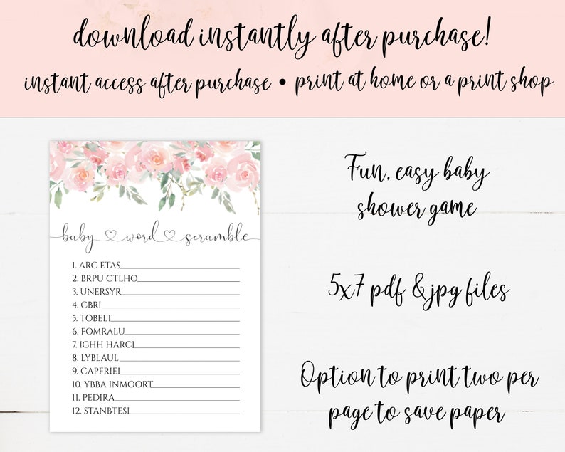 Baby Word Scramble Game Printable Pink Floral Baby Shower Etsy