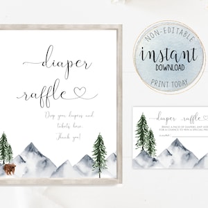 Diaper Raffle Sign and Diaper Raffle Invitation Insert, Adventure Baby Shower Sign and Insert, Mountains Baby Shower, Instant Download