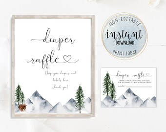 Diaper Raffle Sign and Diaper Raffle Invitation Insert, Adventure Baby Shower Sign and Insert, Mountains Baby Shower, Instant Download