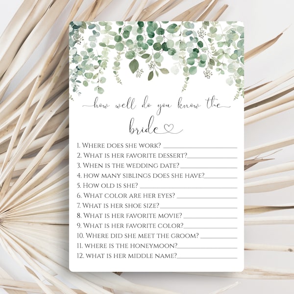 Bridal Shower How Well Do You Know the Bride Game, Printable Eucalyptus Bridal Shower Game, Greenery Shower Game, Instant Download