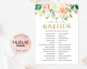 Printable Baby Shower Would She Rather Game, Pink and Gold Floral Baby Shower Game, Baby Girl Shower Game, Mom to Be Game, Instant Download
