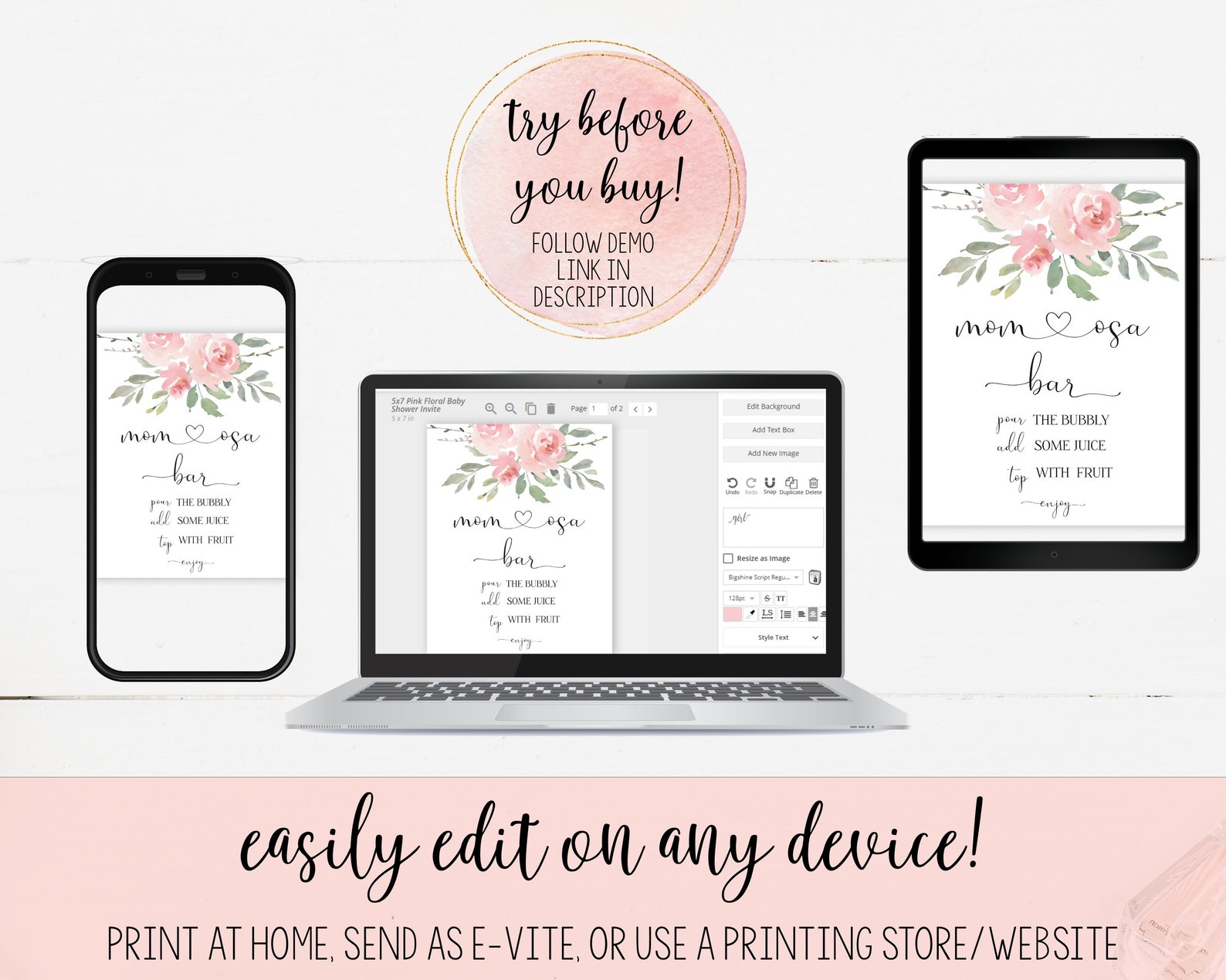 Mom-osa Bar Set Printable Pink Floral Momosa Bar Sign Juice | Etsy