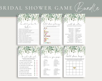 Bridal Shower Game Bundle, Printable Eucalyptus, Who Knows Her Best, He Said She Said, Bridal Bingo, Would She Rather, Emoji Pictionary