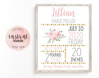 Newborn Birth Information Sign, Baby Announcement Sign, Editable Newborn Stat Board, Pink Floral Baby Nursery Decor, Instant Download