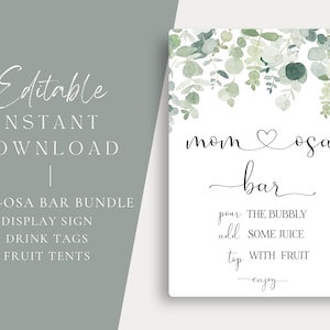 Mom-osa Bar Set, Printable Eucalyptus Momosa Bar Sign, Juice Tags Fruit Tent Cards, Baby Shower Mimosa Bar Bundle, Editable Instant Download image 2