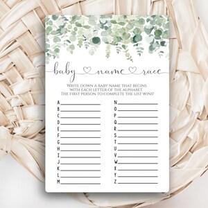 Baby Name Race Game, Printable Eucalyptus Baby Shower Game, Greenery Shower Game, Baby Girl or Baby Boy Shower Game, Instant Download